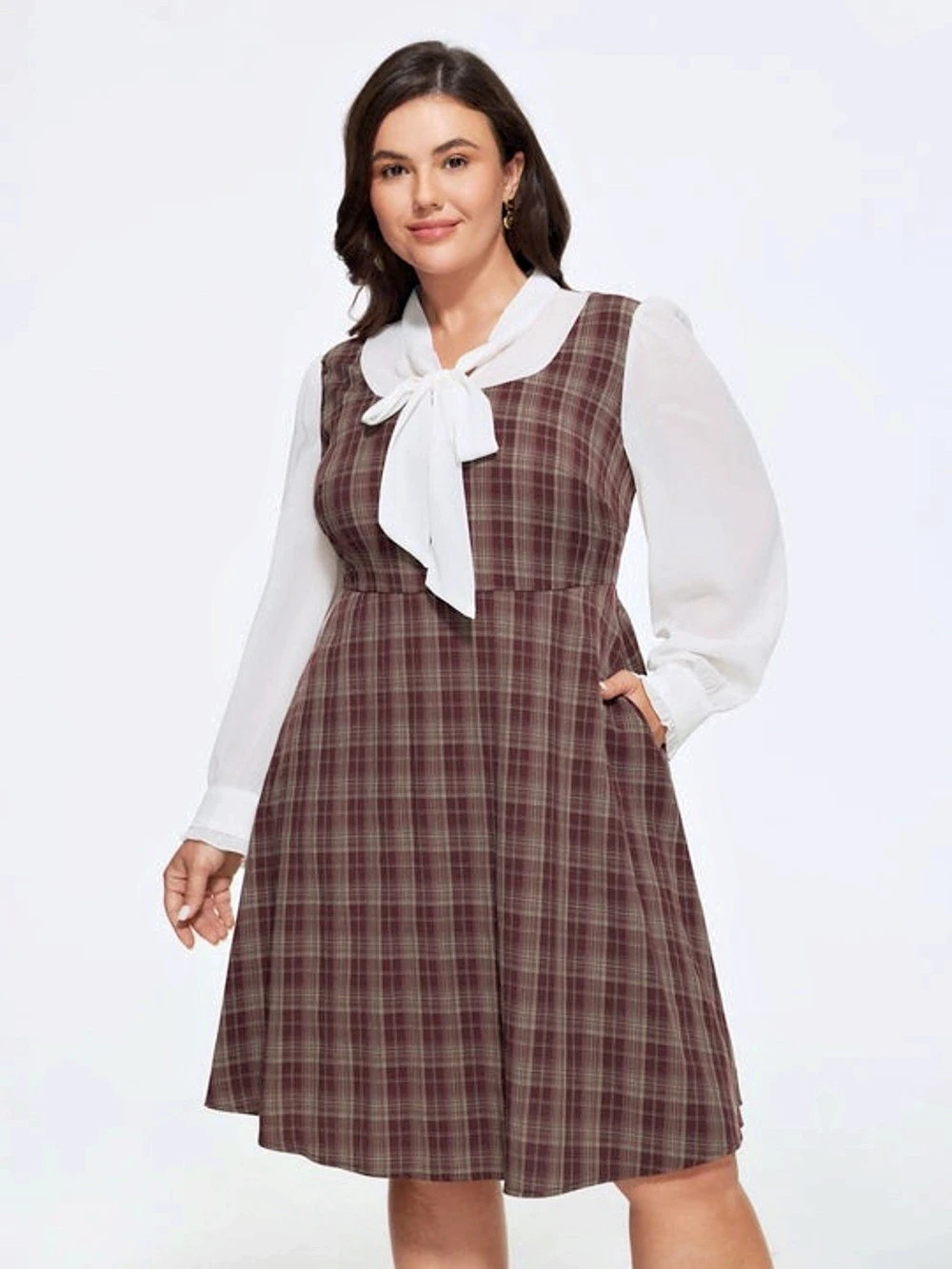Vintage Plaid Bow Tie Neck Patchwork Mini Dress